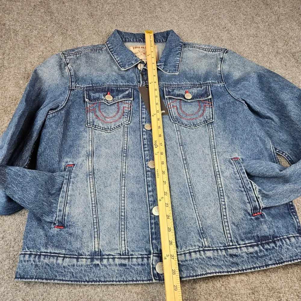 True Religion Mens Denim Jacket Medium Blue Quartz Wash Buddha Print 701133 XL